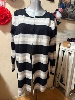 ELLE Striped Open-Front Cardigan in Black & Cream